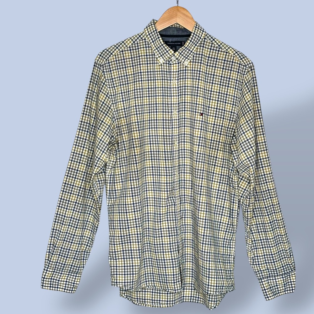 Tommy Hilfiger Mens Plaid Button‎ Down Long Sleeve Shirt Yellow Navy Size Large